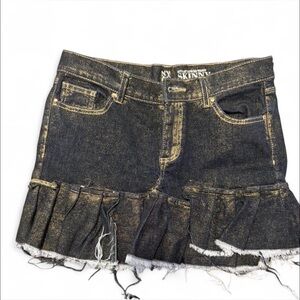Custom Denim Mini Skirt with Ruffle Hem in Distressed Black-Gold